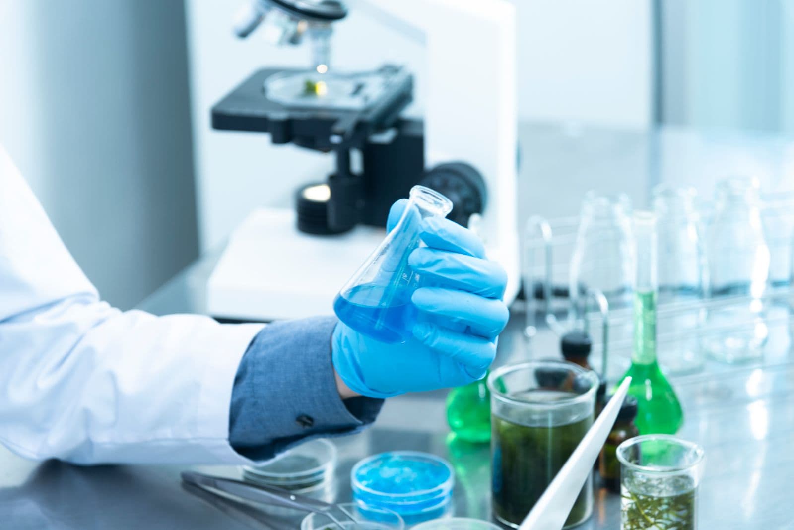 Laboratory glassware on a research bench